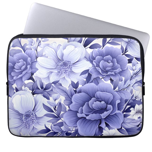 Blauw Bloemmotief Laptop Sleeve (Voorkant)