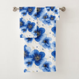 Blauw Bloemmotief met Gouden Accenten Bad Handdoek