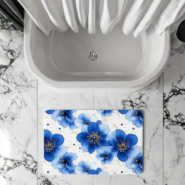 Blauw Bloemmotief met Gouden Accenten Badmat