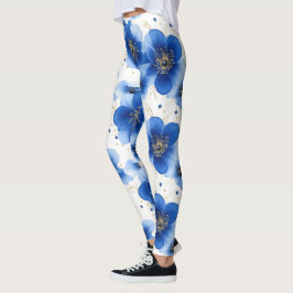 Blauw Bloemmotief met Gouden Accenten Leggings