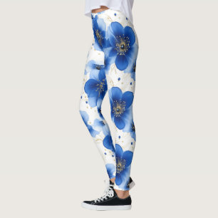 Blauw Bloemmotief met Gouden Accenten Leggings