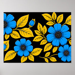 Blauw Bloemmotief met Gouden Bladeren Poster
