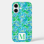 Blauw bloemmotief met monogram Preppy Case-Mate iPhone Case (Achterkant)