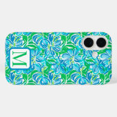 Blauw bloemmotief met monogram Preppy Case-Mate iPhone Case (Achterkant (horizontaal))