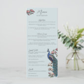 Blauw bloemmotief met pauw - landelijke trouwmenu menu (Staand voorkant)