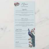 Blauw bloemmotief met pauw - landelijke trouwmenu menu (Voorkant)