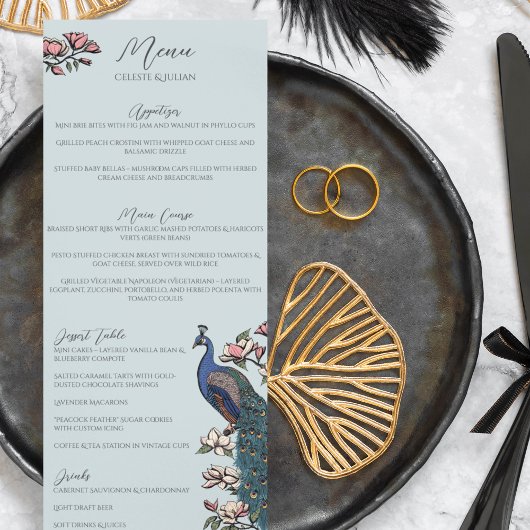 Blauw bloemmotief met pauw - landelijke trouwmenu menu