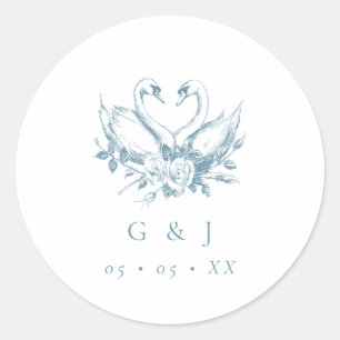 Blauw bloemmotief met zwanen monogram trouw ronde sticker