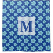 Blauw Bloemmotief Monogram Douchegordijn (Voorkant)
