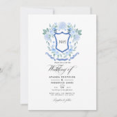 Blauw Bloemmotief Monogram Wapen Huwelijksfoto Kaart (Voorkant)