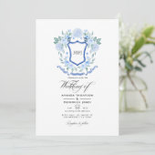 Blauw Bloemmotief Monogram Wapen Huwelijksfoto Kaart (Staand voorkant)