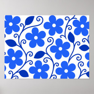 Blauw Bloemmotief Naadloos Patroon Poster