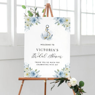 Blauw Bloemmotief Nautisch Bruiloftsontvangst Poster