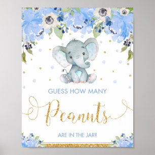 Blauw bloemmotief olifant Raad hoeveel pinda's spe Poster