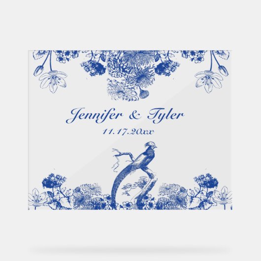 Blauw bloemmotief porselein met vogel acryl bord (Voorkant)