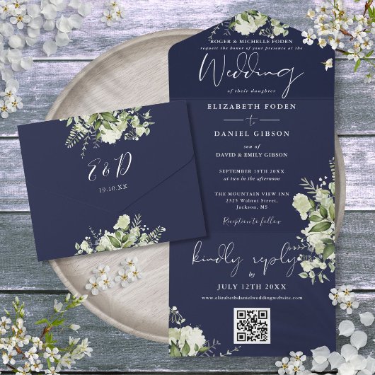 Blauw Bloemmotief QR Code Formele Trouwfeest All In One Uitnodiging