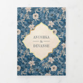 Blauw bloemmotief QR-code Indiase trouwdag Vintage Drieluik Uitnodiging (Cover)