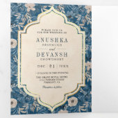 Blauw bloemmotief QR-code Indiase trouwdag Vintage Drieluik Uitnodiging (Binnenzijde eerst)