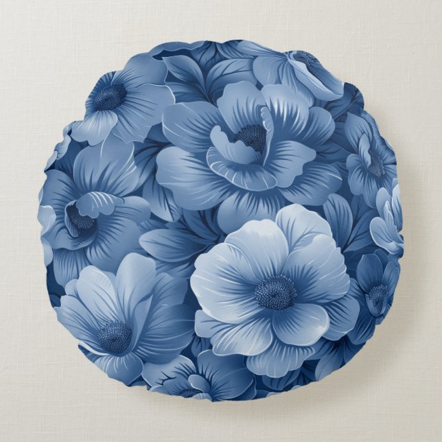 Blauw Bloemmotief Rond Kussen (Voorkant)