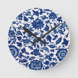 Blauw Bloemmotief Ronde Klok