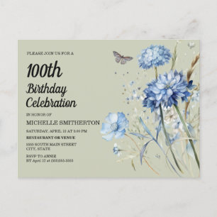 Blauw Bloemmotief Saliegroen Vrouwen 100ste Verjaa Uitnodiging Briefkaart