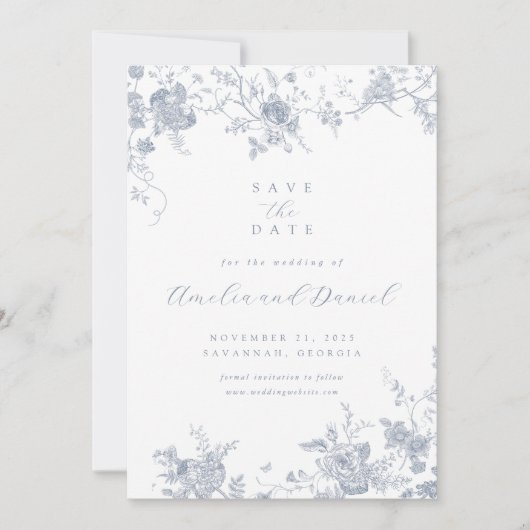 Blauw bloemmotief save the date kaart (Voorkant)
