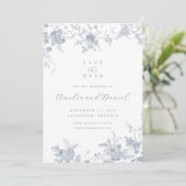 Blauw bloemmotief save the date kaart (Staand voorkant)