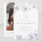 Blauw bloemmotief save the date kaart (Voorkant / Achterkant)