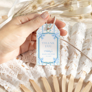 Blauw Bloemmotief & Strik Vintage Baby Shower Beda Cadeaulabel