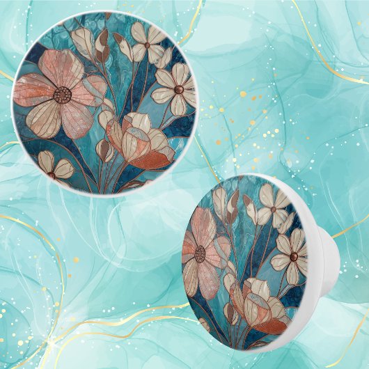 Blauw Bloemmotief Turquoise Crème Koper Keramische Knop