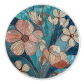 Blauw Bloemmotief Turquoise Crème Koper Keramische Knop (Voorkant)