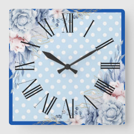 Blauw Bloemmotief Vierkante Klok