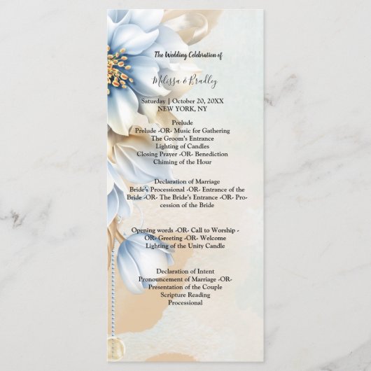 Blauw bloemmotief vintage ceremonieprogramma programmakaart (Voorkant)