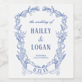 Blauw bloemmotief vintage kader elegante trouwdag wijn etiket (Enkel label)