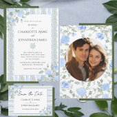Blauw Bloemmotief Vintage Romantisch Save The Date