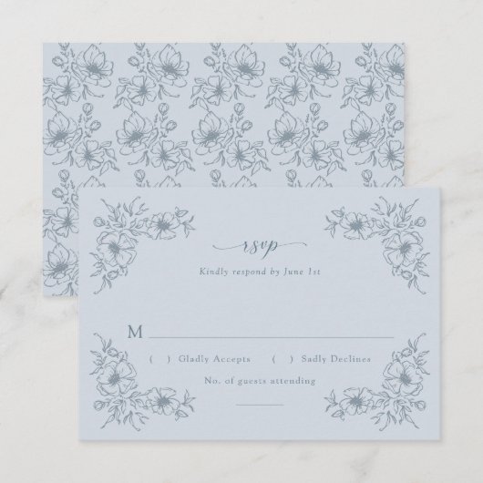 Blauw bloemmotief vintage RSVP kaartje (Voorkant / Achterkant)