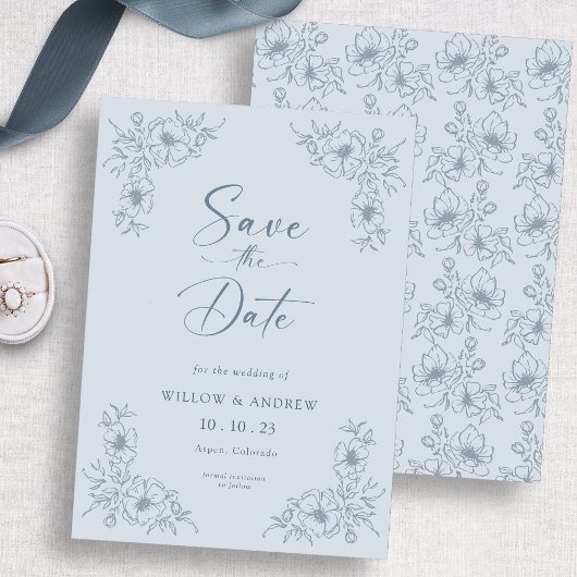Blauw bloemmotief vintage save the date
