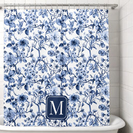 Blauw bloemmotief vintage toile-monogram douchegordijn