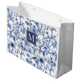 Blauw bloemmotief vintage toile-monogram groot cadeauzakje