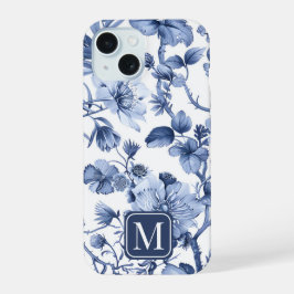 Blauw bloemmotief vintage toile-monogram iPhone 15 case