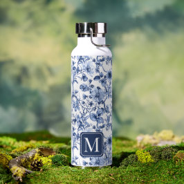 Blauw bloemmotief vintage toile patronen monogram waterfles