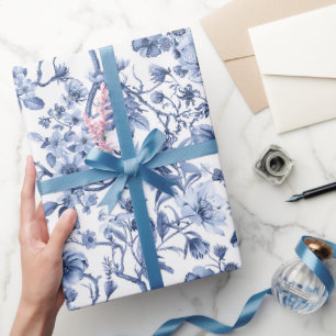 Blauw bloemmotief vintage toile patroon cadeaupapier