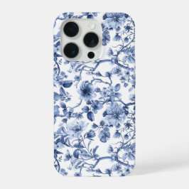 Blauw bloemmotief vintage toile patroon iPhone 15 pro case