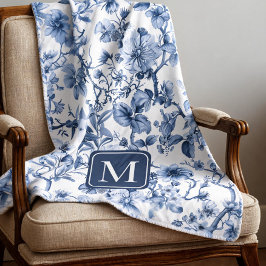 Blauw bloemmotief vintage toile patroon monogram fleece deken