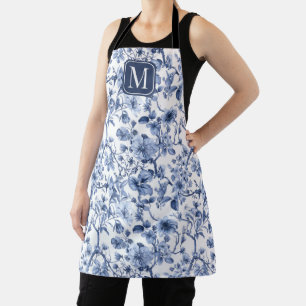 Blauw bloemmotief vintage toile patroon monogram schort