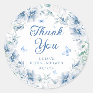 Blauw Bloemmotief Vlinder Bruidsdouche Bedankt Ronde Sticker
