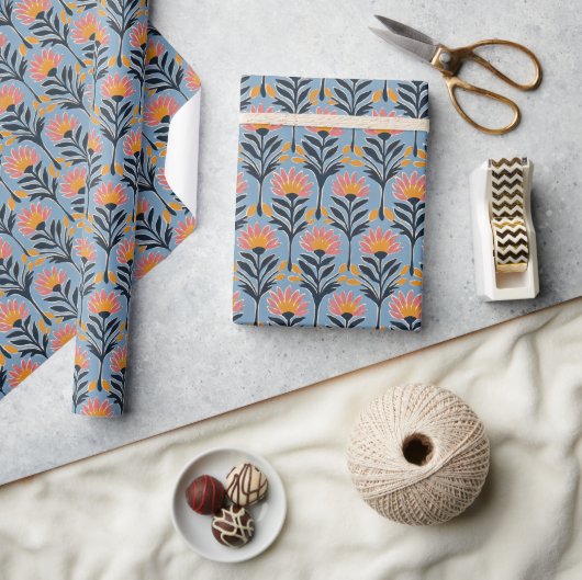 Blauw bloemmotief vrolijk retro cadeaupapier (Crafts)