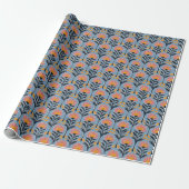 Blauw bloemmotief vrolijk retro cadeaupapier (Uitgerold)