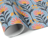 Blauw bloemmotief vrolijk retro cadeaupapier (Rol Hoek)