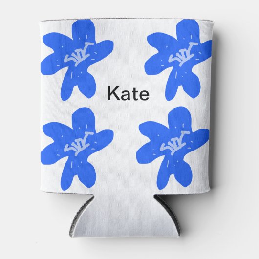 Blauw bloemmotief waterverf naamtekst toevoegen blikjeskoeler (Voorkant)